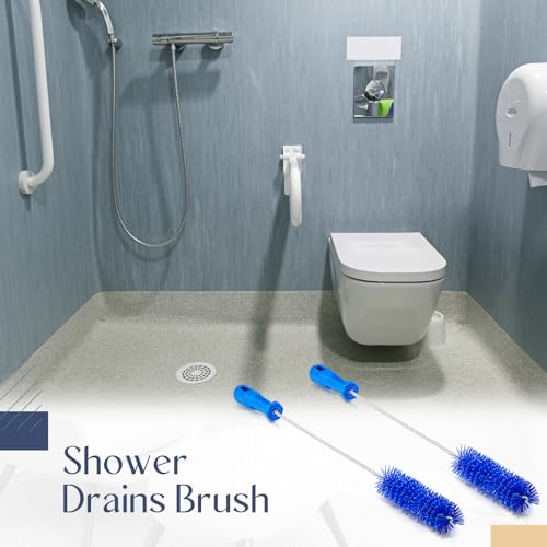 Image of Baderke 2 Pcs Drain Brush Pipe Cleaning Tube Brush, Blue, 19.7 x 1.5 Inch | Nylon Long Tube Cleaner, 2 Inch Drain Scrubber, PVC Shower Pipe Brush for Kitchen Sink, Water Bottle, Flexible Cleaning Tool