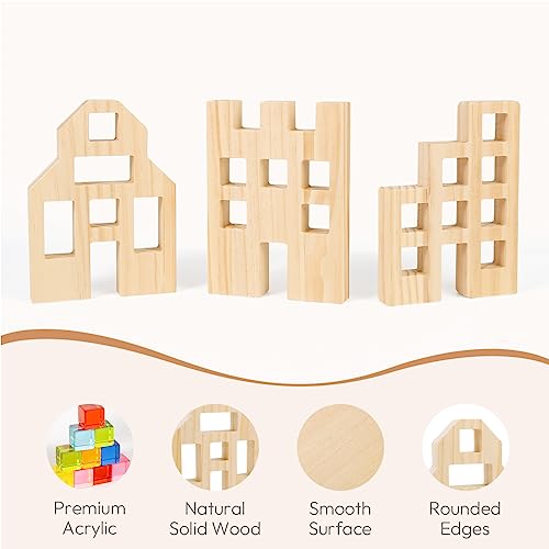 Image of Woodtoe 36 PCS Rainbow Acrylic Gem Blocks, Wooden Blocks for Kids Ages 3-6