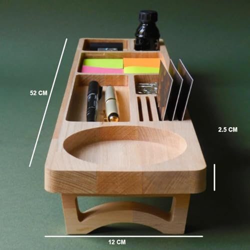 Image of Wooden Desk Organizer with Phone Stand, Multi-Compartment Stationery Holder, Natural Wood Finish (STYLE-3)