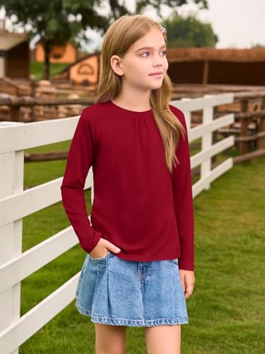 Haloumoning Girls Long Sleeve Tees Kids Casual Crewneck Pleated T Shirts Cute Fall Tops 5-14 Years3