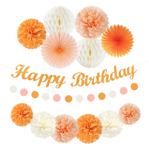 Charmefleur Orange Hippie Fiesta de Cumpleaños Decoración Flores de Papel 14 Piezas Pancarta Feliz Otoño Papel de Panal Pompones Guirnaldas Boho Abanicos Dulce Melocotón