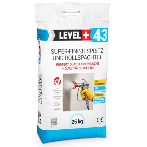 LEVEL+ 43 Masilla blanca interior – Masilla profesional lista para usar Q4 para pared y techo, acabado polimérico, adecuado para aire, fácil de lijar, 25 kg
