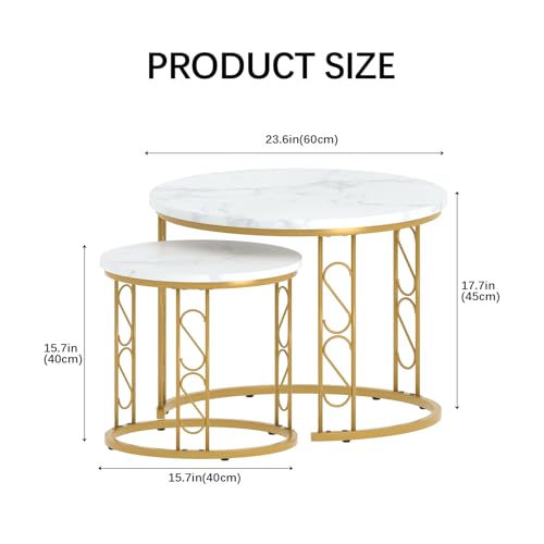 Image of Garden 4 you Coffee Table Faux Marble Nesting Table for Small Place 2 Sets Modern Furniture Living Room Sets End Side Table Night Stand for Bed Room Dining Room (White & Gold)
