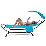 Tangkula Hammock with Stand Included, Heavy Duty Outdoor Hammock with Adjustable Canopy, Rustproof Metal Stand, Pillow, Storage Pocket, Hammock Bed with Stand for Backyard Lawn Poolside (Blue)