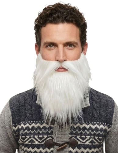 Image of BookMyCostume White Fake Beard & Moustache Set for Teens & Adults | Sadhu & Old Man Costume Beard with Elastic String | Fancy Dress Prop for Acting, Stage Play, School Functions & Halloween