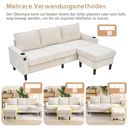 Arhatreya 3 Sitzer Sofa Gästesofa Modern Couch mit USB- und Typ-C-Anschlüssen, 3er Sitzsofa mit Zwei Getränkehaltern, L-förmiges Schlafsofa für Erwachsene, Schlafzimmer, Wohnung, Beige – Bild 6