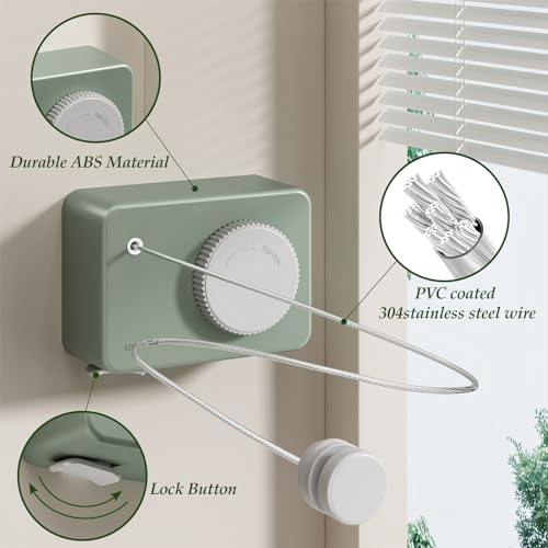 Danpoo Retractable Washing Line Outdoor, Wall Mounted Clothes Lines for Outside, Extendable Washing Line Indoor,Green - Image 3