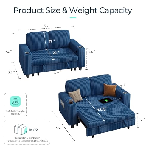 Image of LINSY HOME Loveseat Sofa with Pull Out Couch Chaise: 2-in-1 Convertible 2 Seater Sofa with USB Charging & Cup Holders, Comfy Plush Corduroy Love Seat for Small Spaces Living Room Apartment, Blue