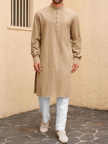 Image of Runcati Mens Kaftan Robe Button Down Long Sleeve Cotton Linen Thobe Casual Muslim Gown Henley Shirt