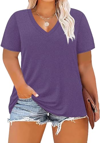 Image of ForHailey Women's Plus Size Short Sleeve Tee Shirt V Neck Basic Ladies Loose Fit T Shirt 1X-5X