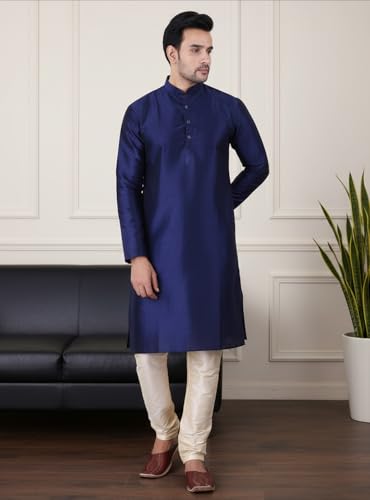 Image of Sadree Men's Silk Blend Mandrin Collor Full Sleeve Knee Length Indian Kurta Chudidar Pyjama Set