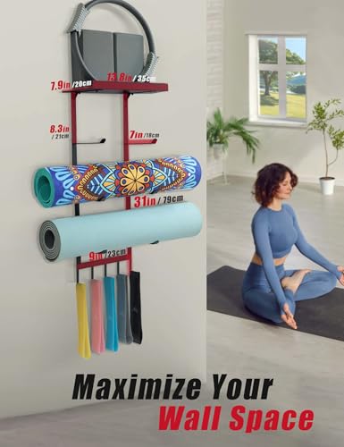 Yoga Mat Holder Wall Mount, Home Gym Storage Rack with Top Flating Shelf, 4-Tiers Holding Yoga Mat/ Blocks/ Rollers and Decorations, 5 Hooks for Resistance Bands, Skipping-Rope, Small Gym Equipment - Thumbnail 3