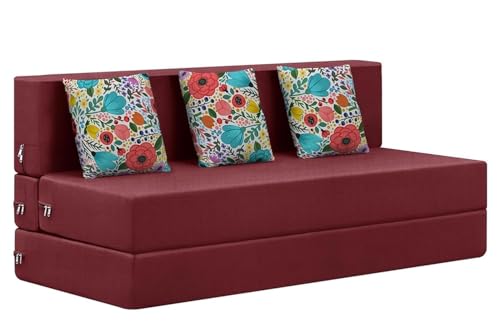 Image of Rosebell 3 Seater Foldable Sofa Cum Bed | 5x6 feet Jute Fabric with Washable Cover & 3 Printed Cushion | Multipurpose Sofa Bed for Living Room - Red Color