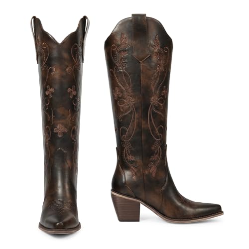 Image of wetkiss Women's Pointed Toe Cowboy Boots | Knee High Cowgirl Boots, Retro Embroidery, Chunky Heel, Pull-On, Style for a Classic Western Look,Stable and Comfortable