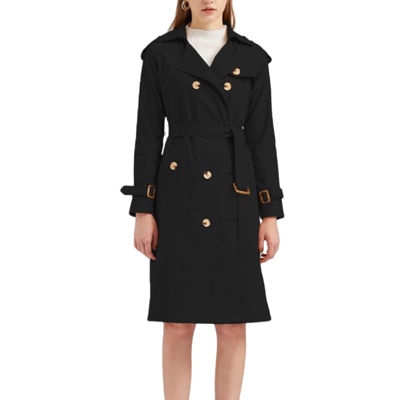 LIUYUYOUGO Abrigo Largo Mujer Gabardina Larga Para Mujer Abrigo Cortavientos Con Cinturón Chaqueta Clásica Con Solapa Cruzada Y Cuello Chaqueta Larga Entallada A La Moda Gabardina Abrigo Negro Xl