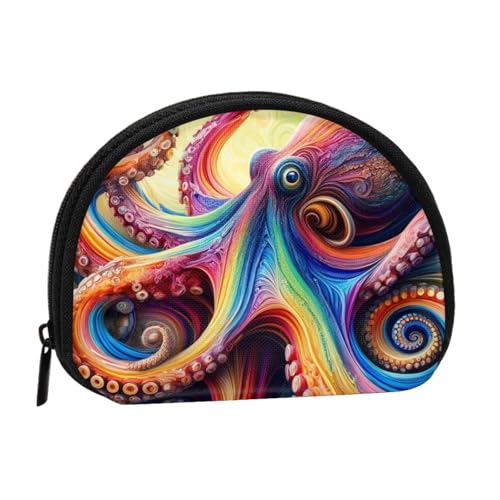 Portable Coin Purse Inkfish-Colorful-Tentacles Mini Zippered Money Pouch Card Holder