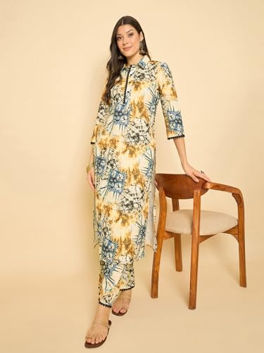 Image of SheWill Women Cotton Blend Floral Printed Straight Kurta with Mandarin Collar, Button Detailing, and 3 /4th Sleeves Paired with Matching Printed Pants