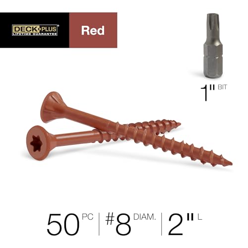 Image of Deck Plus 2 Inch Epoxy Coated Exterior Wood and Fence Screws #8 x 2 Torx /Star Drive Included Coarse Thread, Outdoor Rust Resistant Decking Screw, Red, 50 Pieces | 42598