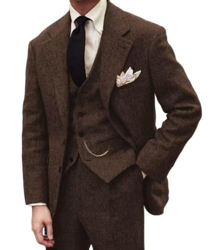 Tweed Mens Suit Slim Fit 3 Pieces Herringbone Mens Wedding Suit Groomsmen Tuxedos Prom Suit Jacket Vest Pants