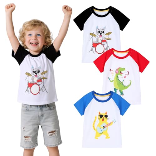 Image of HILEELANG Toddler Boy Short Sleeve Tee Shirts Summer Cotton Casual Graphic Crewneck Tshirt Packs