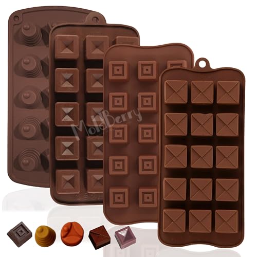 Image of MoldBerry Silicone Chocolate Mould Set of 4 - Square, Round & Triangle Candy‑Jelly Chocolate Making Moulds - Flexible, Non‑Stick Baking Tray for Chocolate, Candy, Jelly