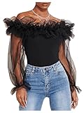OYOANGLE Women's Ruffle Off Shoulder Blouse Mesh Puff Sleeve Party Tops Fitted Tee Shirt Black M