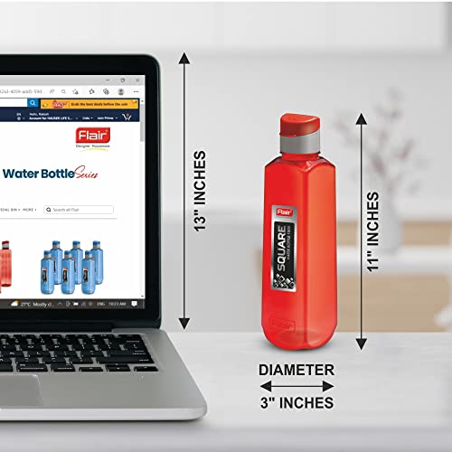 Image of Flair Square PET Water Bottles with Fliptop Lid Set of 6 Pcs 1000 ML (RED)