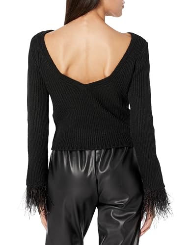 Image of BCBGMAXAZRIA Women's Boat Neck Long Sleeve Feather Cuff Sweater Top