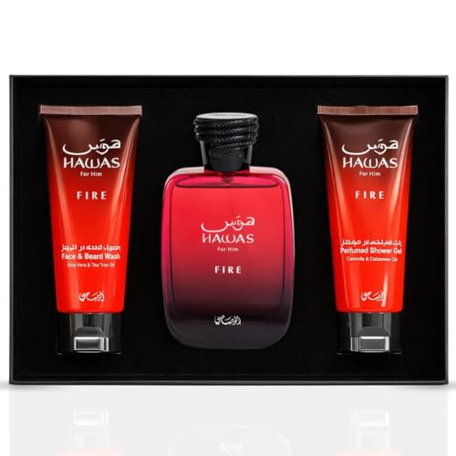 Image of RASASI Hawas Fire For Men 3 Piece Gift Set Eau De Parfum Spray, Face & Beard Wash & Shower Gel 100ml (3.4 Oz)