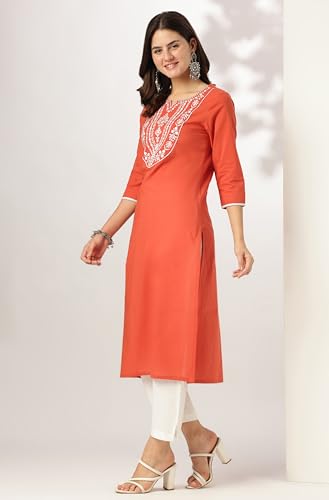 Image of Janasya Women's Pure Cotton Yoke Embroidered Straight Kurta