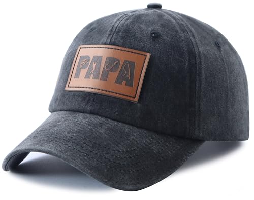 Image of Fishing Papa Hats for Men, Vintage Cotton Fishing Decor Leather Patch Baseball Cap for Dad Papa