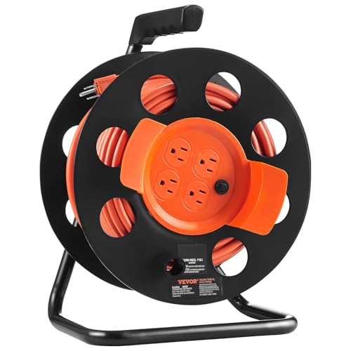 VEVOR 100 FT Retractable Extension Cord Reel with 4 Outlets & Heavy Duty 14AWG SJTOW Power Cord Cable, Portable Handle and Safety Overload Circuit Breaker, for Outdoor Indoor Toolshed Garage Use