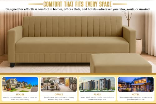 Image of 3 Seater Velvet Sofa with Ottoman | Modern Upholstered Couch | Comfortable Living Room Sofa | Durable & Stylish Seating for Home, Office & Guest Room - Golden Color