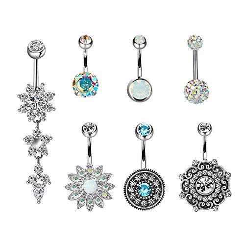 Barras del vientre, 7PCS 316L Acero quirúrgico CZ Las barras del vientre con cuelgan Zirconia cúbica Curvantes Piercings Joyas para mujeres (7 Piezas)