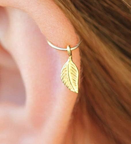 ALOME PIERCINGS Hoop Earring, 22 gauge 14k Gold Filled - Cartilage hoop with leaf Charm,Tiny Ring,Tragus earring,Helix ring,piercing earring - Image 2