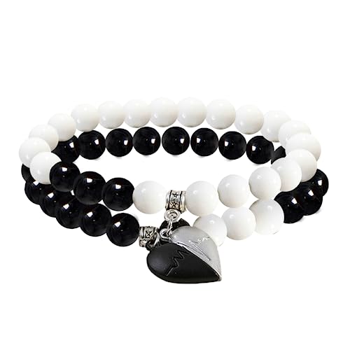 Couples Bracelet Magnetic Heart Bracelet For Couples Matching Bracelet For Couples Black and White 8mm Nature Stone Bracelet Birthday Anniversary Valentines Gifts For Men Women Best Friend Long Distance Touch Bracelet (Black and White Heart)