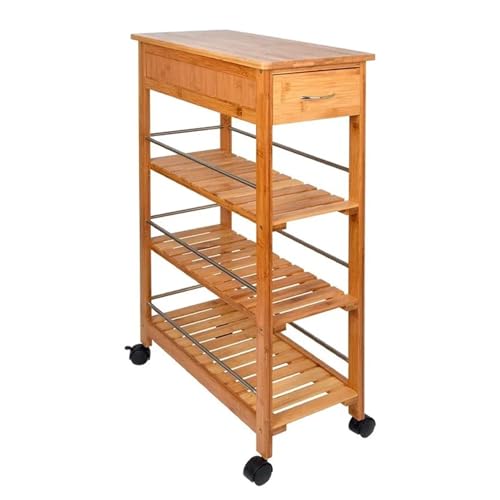 EXKURPOO Carrito Camarera Carrito de Almacenamiento de 4 Niveles for Islas de Cocina de Madera de Perfil bajo, Carrito de Cocina Que Ahorra Espacio con Ruedas y cajón.