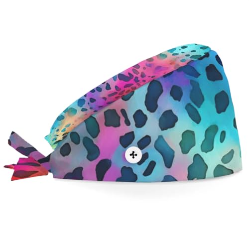 Mularoka Watercolor Leopard Print Working Caps with Button Sweatband Comfortable Adjustable Bouffant Hats Work Hat for Women Men