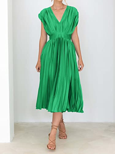 Mascomoda Elegant Satin V Neck Pleated Midi Dress Short Sleeve Formal High Waisted Flowy Long Summer Dresses For Women 2023 (Grass Green, Medium) #TOP1