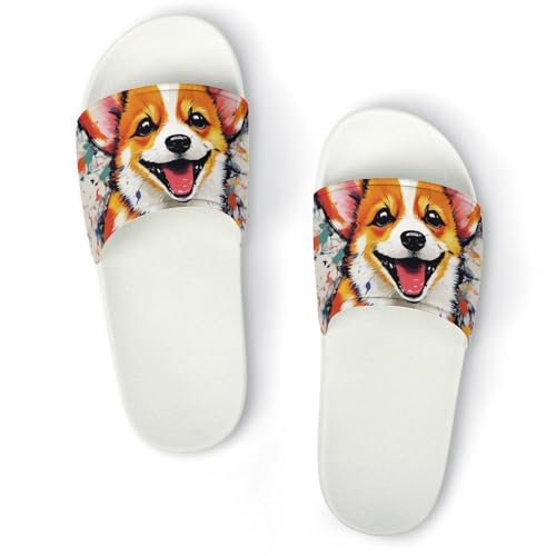 Corgi Dog Watercolor Funny House Sandals Non Slip Shower Slippers Quick Drying Bathroom Shoes for Women Men