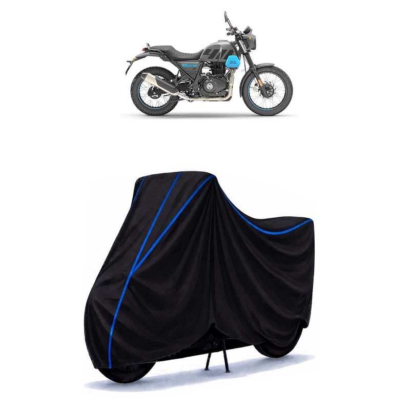Image of Scrambler 411 Bike Cover Water Resistant Universal Motorcycle Rain | Heavy Duty UV Protection, Dust, Scratch Indoor Outdoor All Weather with Black Blue Piping Elastic