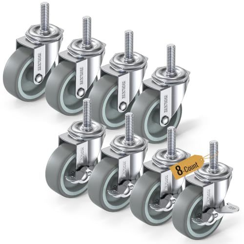 Image of HOLKIE Caster Wheels 3 inch Locking Casters Set of 8 with Brake & No Brake, Threaded Stem 3 /8 inch -16 x 1-1 /4 inch (Diameter 3 /8 inch, Length 1-1 /4 inch) Swivel Heavy Duty Castors Gray