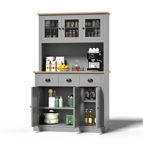 Image of MU 71 inch Kitchen Pantry Cabinet with Charging Station, Tall Kitchen Hutch with Countertop, Drawers & Microwave Shelf, Food Storage Cabinet for Dining Room & Coffee Bar, Grey