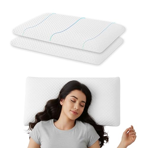 Image of Memory Foam Pillow Set of 2, Ultra Slim White Geometric Design for Spinal Health, Breathable Jacquard Bedding with Zipper, Orthopedic Support for Stomach,55 x 40 x 5 cm