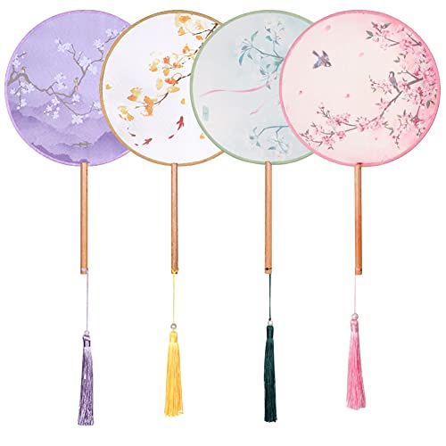 BAOZOON 4PCS Silky Translucent Antique Round Fan Classic Group Fan Floral Pattern Dance Fan Hanfu Women's Tassel Wooden Handle Palace Fan Wedding Favor Gift Home Decor