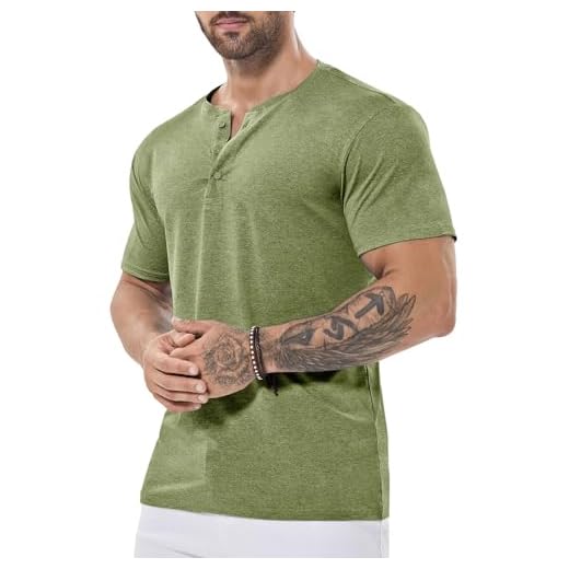 ICEMOOD Camiseta masculina Henley Dry Fit Tech 3 botões slim fit secagem rápida camiseta de ginástica manga curta leve casual camiseta básica, Verde oliva, XGG