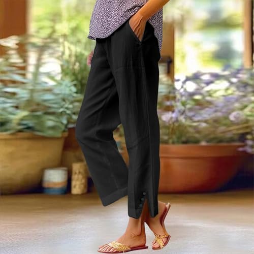 Cotton Linen Pants Women Casual Plus Size High Waisted Pants Solid Straight Legs Elastic Trousers with Pockets2