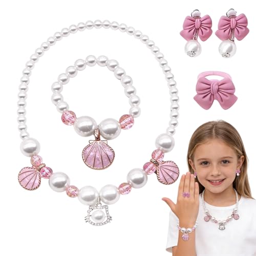Set di gioielli da principessa per bambine: questo grazioso set di gioielli da principessa include una collana di perle con ciondolo a conchiglia, un braccialetto di perline abbinato, un anello scintillante e un paio di orecchini a clip. Perfetto come accessorio per travestimenti, è ideale per cosplay, feste di compleanno e altro ancora.