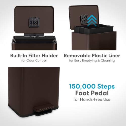 Image of Simpli-Magic 50 Liter / 13.2 Gallon Soft-Close, Smudge Resistant Trash Can with Foot Pedal and Built in Filter- Brown