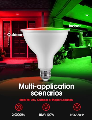 Image of L LOHAS LED Red Green Flood Light Bulbs, Christmas LED Flood Light Outdoor | PAR38, 100W Equivalent, 15 Watt Colored Porch Light Bulb, E26 Base Ideal for Home Lighting, Holiday, Party Decoration, 2 Pack